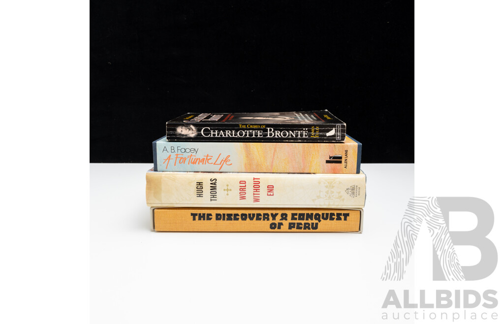 Collection Four Books Comprising A Fortunate Life, the Discovery & Conquest of Peru, The Crimes of Charlotte Bronte & World Without End