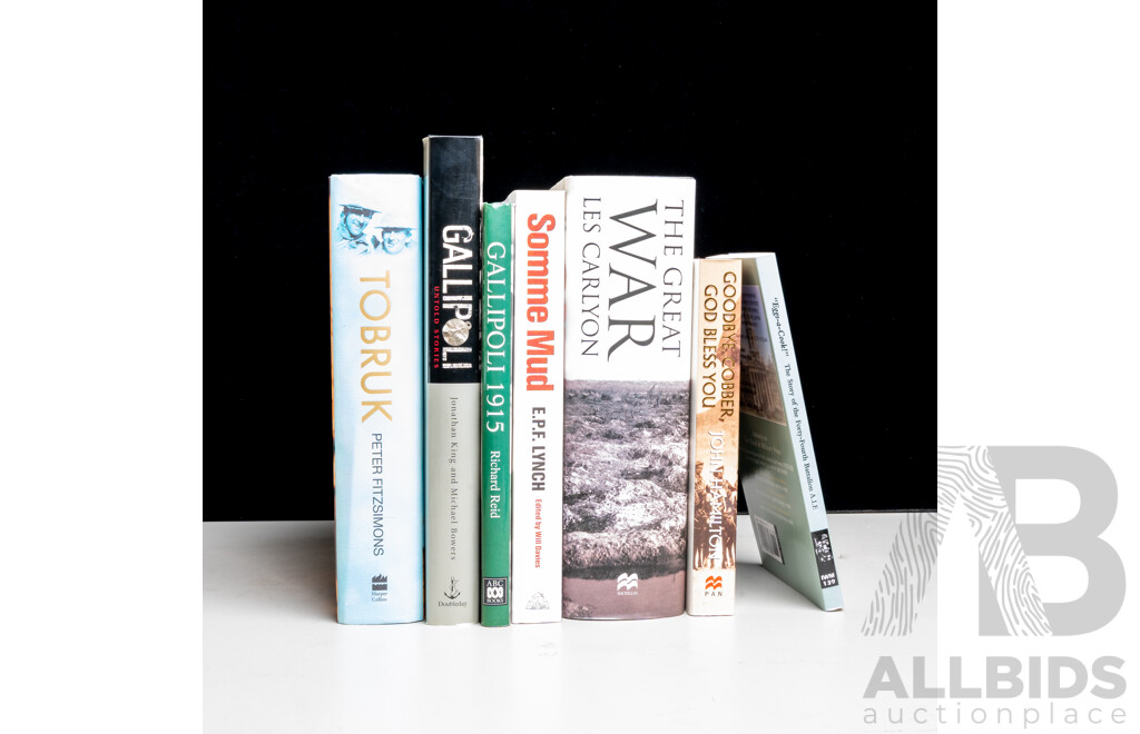 Collection Seven Books Relating to Australia's WWI Experience Including Gallipoli, Tobruk, The Somme and More