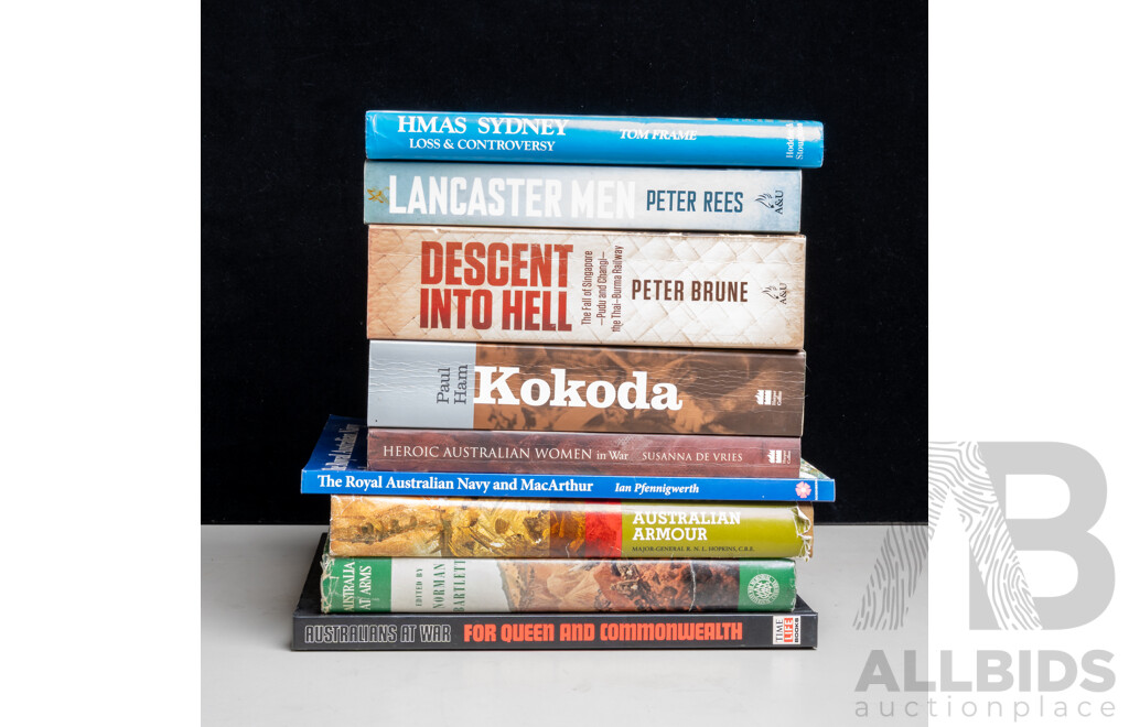 Collection Nine Books Relating to Australia's WWII Experience Including the Fall of Singapore, Kokoda, and More