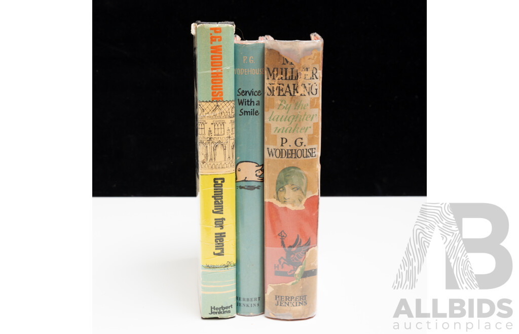 Collection Three P G Wodehouse Herbert Jenkins Hardcovers with Dust Jackets Comprising Mr Mulliner Speaks, Service with a Smile & Company for Henry