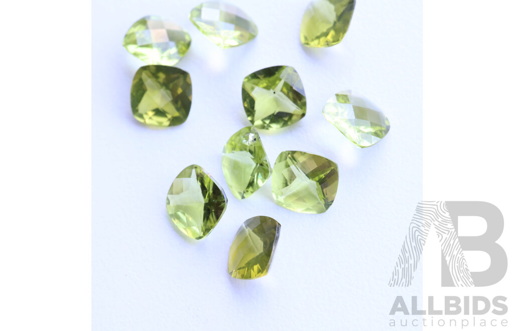 Peridot (10) Untreated Natural Gemstones, Checker Cushion Cut, 11.05ct