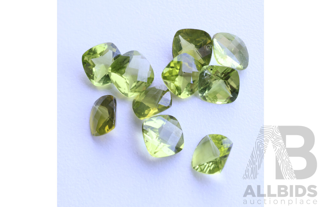 Peridot (10) Untreated Natural Gemstones, Checker Cushion Cut, 11.05ct