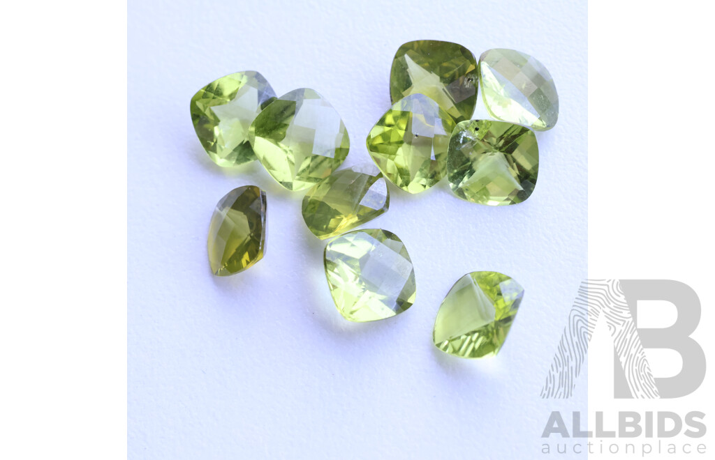 Peridot (10) Untreated Natural Gemstones, Checker Cushion Cut, 11.05ct