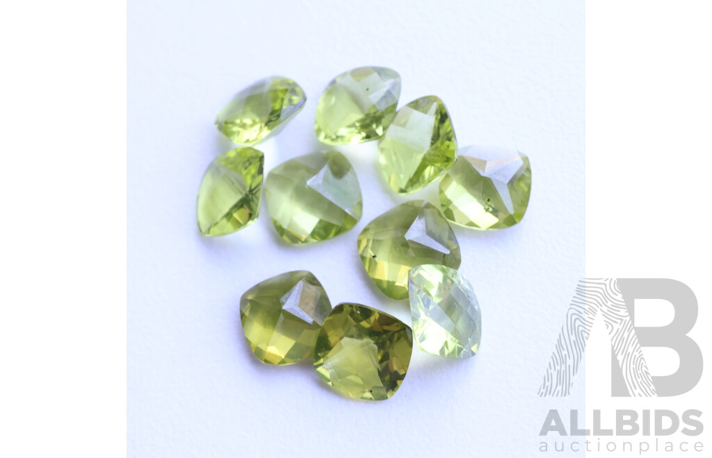 Peridot (10) Untreated Natural Gemstones, Checker Cushion Cut, 11.05ct