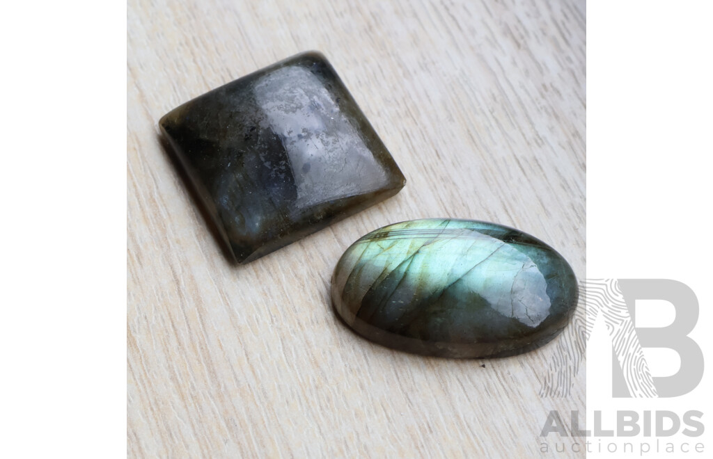 Labradorite (2) Natural Unset Cabochon Gemstones, Oval 27.56ct, Square 36.25ct