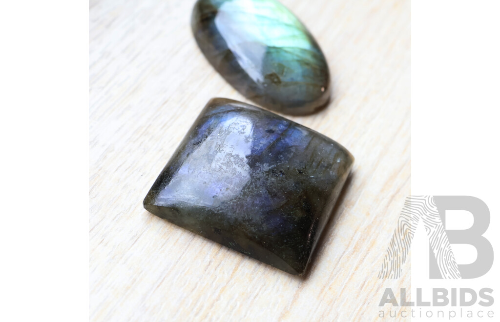 Labradorite (2) Natural Unset Cabochon Gemstones, Oval 27.56ct, Square 36.25ct