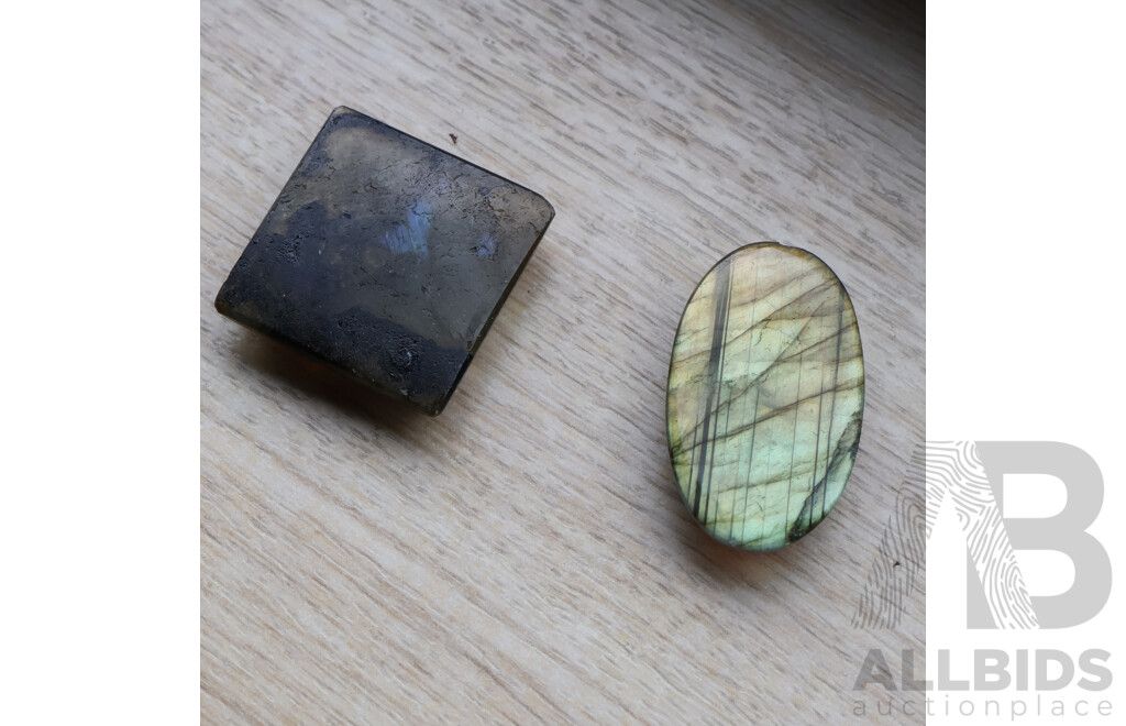 Labradorite (2) Natural Unset Cabochon Gemstones, Oval 27.56ct, Square 36.25ct
