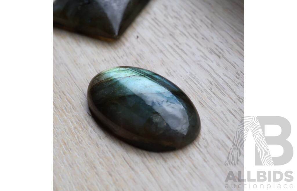 Labradorite (2) Natural Unset Cabochon Gemstones, Oval 27.56ct, Square 36.25ct