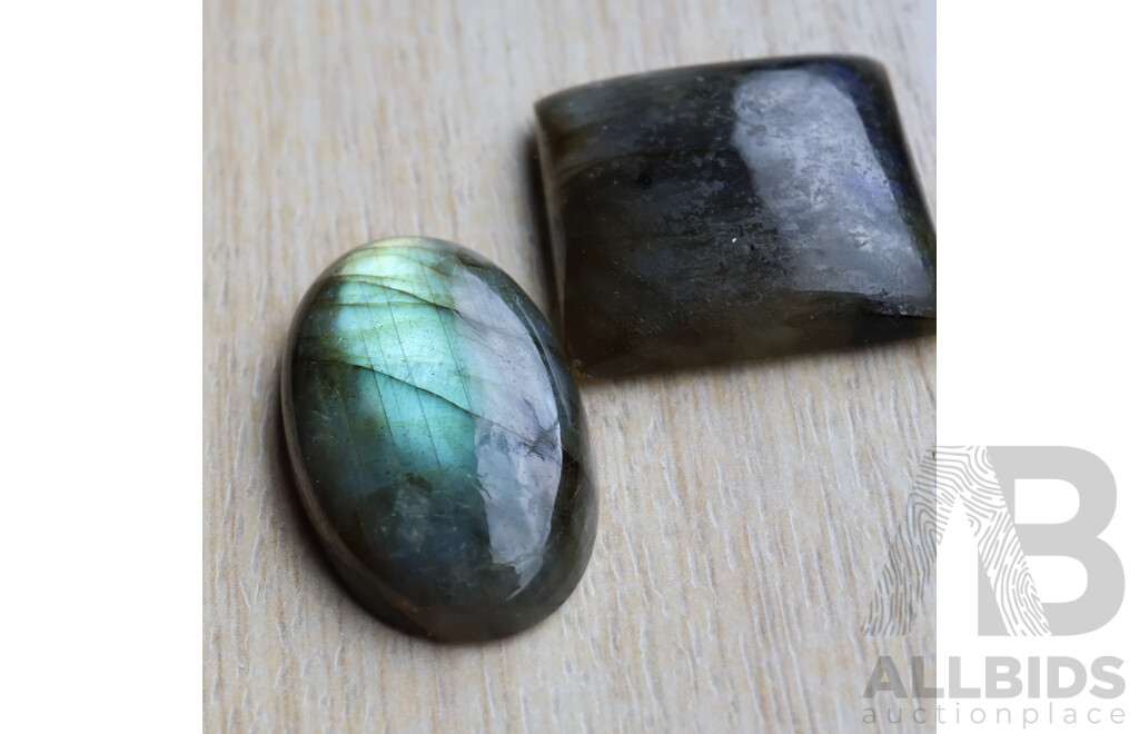 Labradorite (2) Natural Unset Cabochon Gemstones, Oval 27.56ct, Square 36.25ct