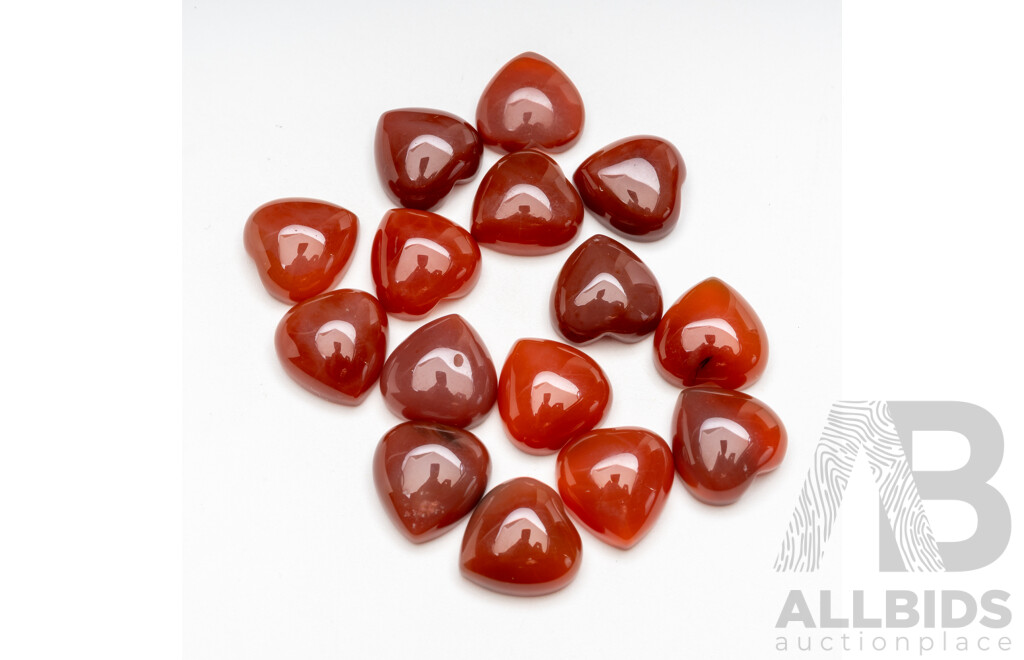 Agate (15) Heart Shaped Cabochons, Deep Orange to Burgundy in Colour, Total 159.60ct