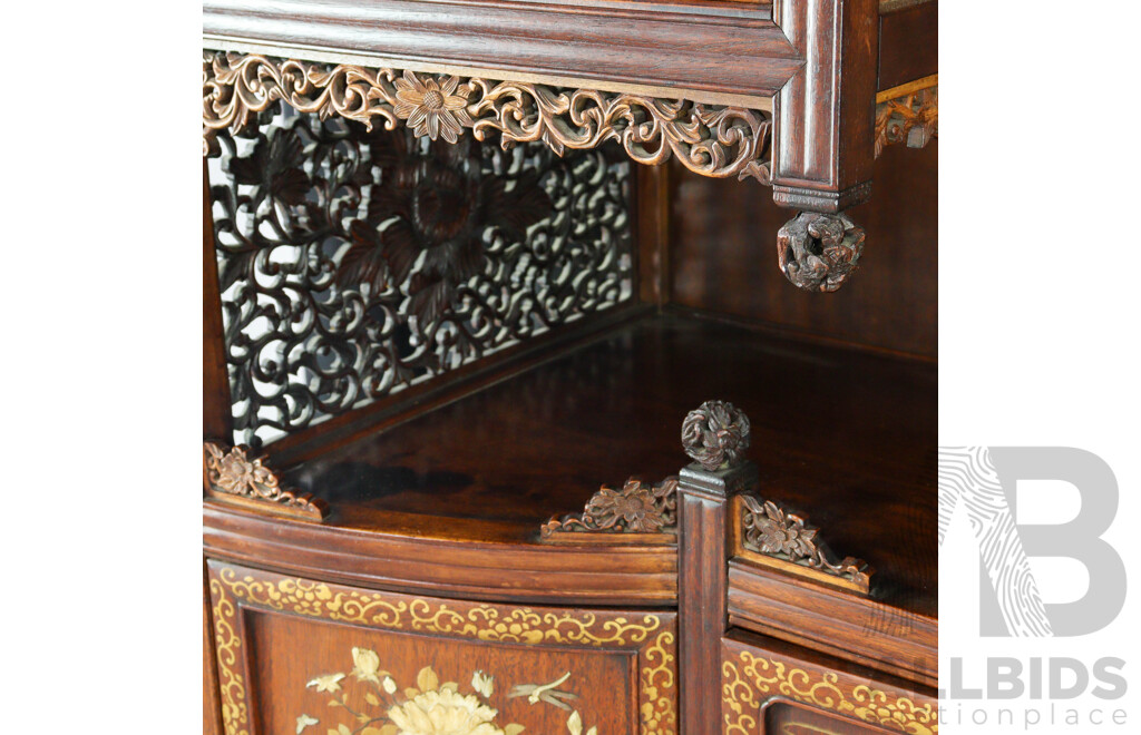 Fine Antique Japanese Carved and Pierced Hardwood Cabinet (Shodona) Profusely Decorated with Shibayama Inlay, Meiji Period (1868-1912)