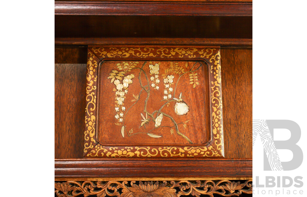Fine Antique Japanese Carved and Pierced Hardwood Cabinet (Shodona) Profusely Decorated with Shibayama Inlay, Meiji Period (1868-1912)