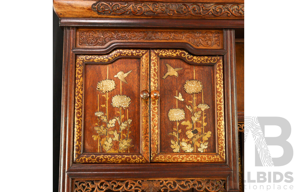 Fine Antique Japanese Carved and Pierced Hardwood Cabinet (Shodona) Profusely Decorated with Shibayama Inlay, Meiji Period (1868-1912)