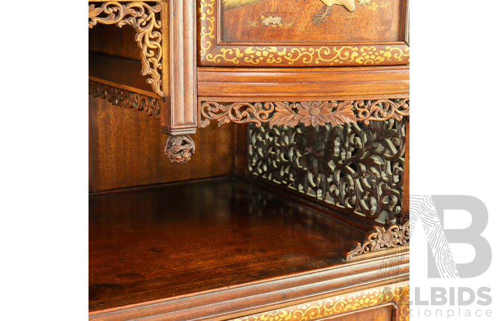 Fine Antique Japanese Carved and Pierced Hardwood Cabinet (Shodona) Profusely Decorated with Shibayama Inlay, Meiji Period (1868-1912)