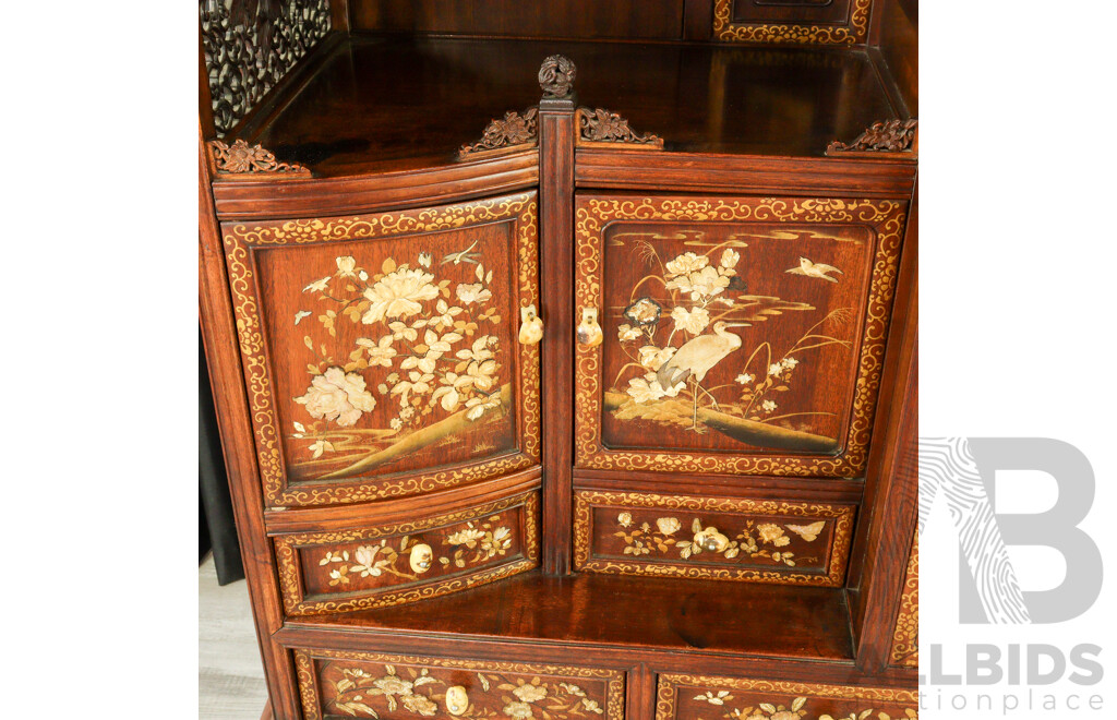 Fine Antique Japanese Carved and Pierced Hardwood Cabinet (Shodona) Profusely Decorated with Shibayama Inlay, Meiji Period (1868-1912)