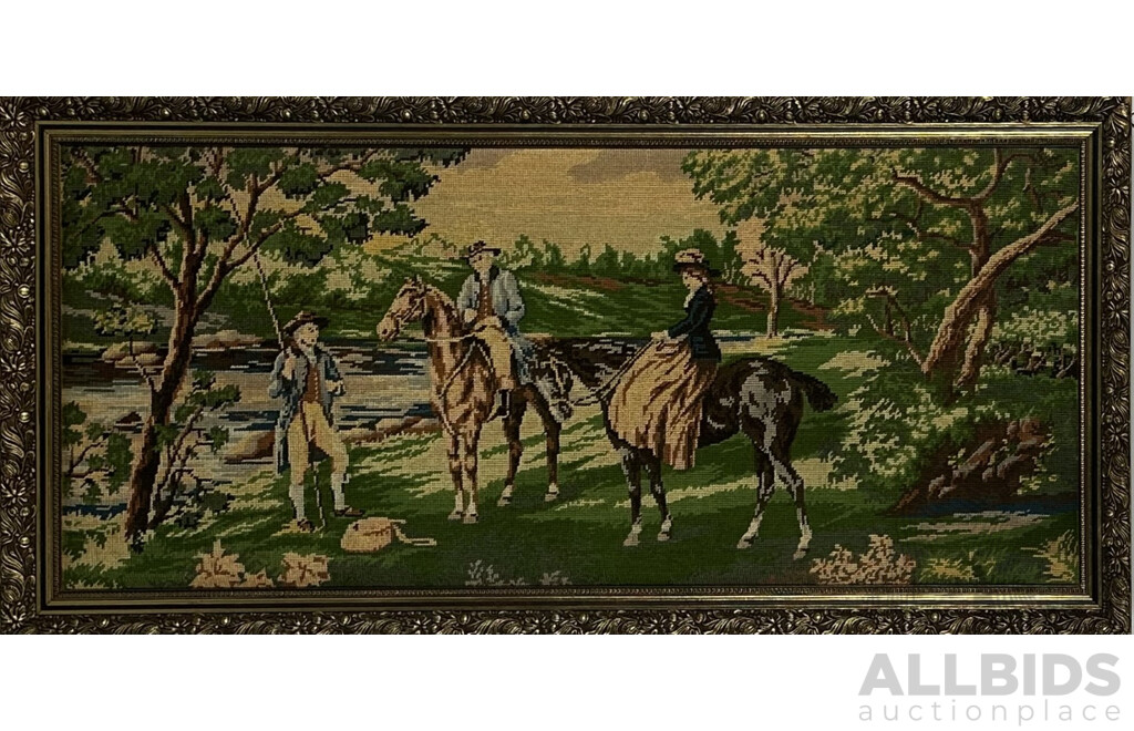 Artist Unknown, Possibly After Heywood Hardy, (British, 1842-1933), Fishing, Vintage Wool Tapestry, 61 x 124 cm (frame)