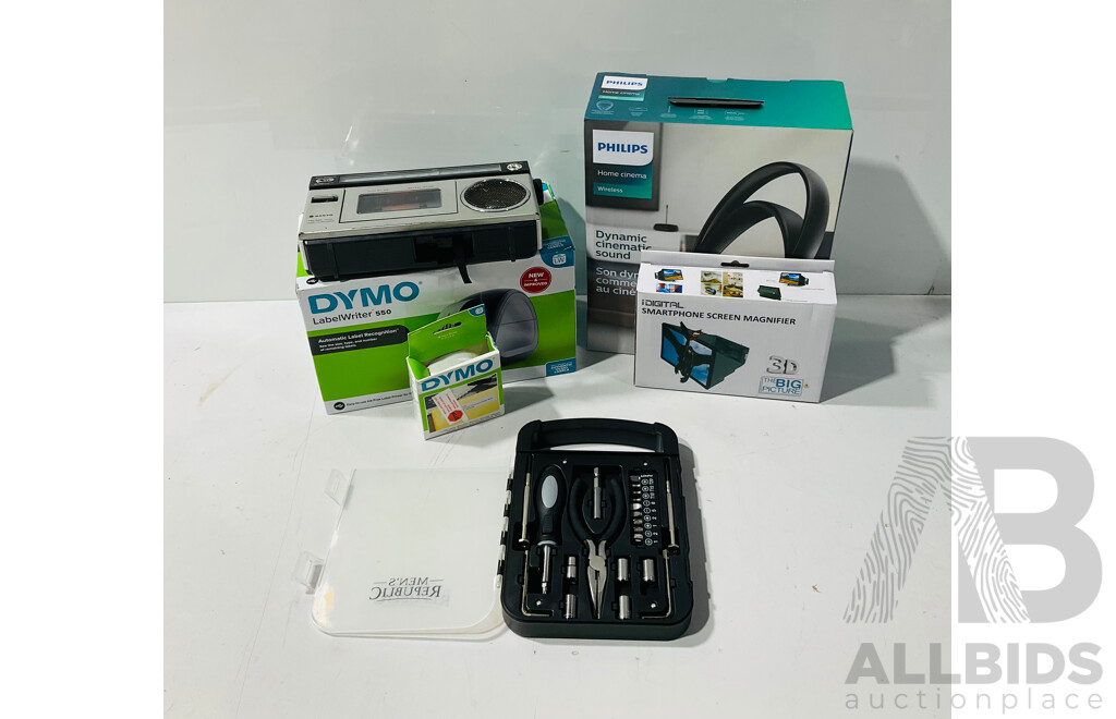 Collection of Homeware Including Sanyo Portable Radio, Dymo Label Printer and More
