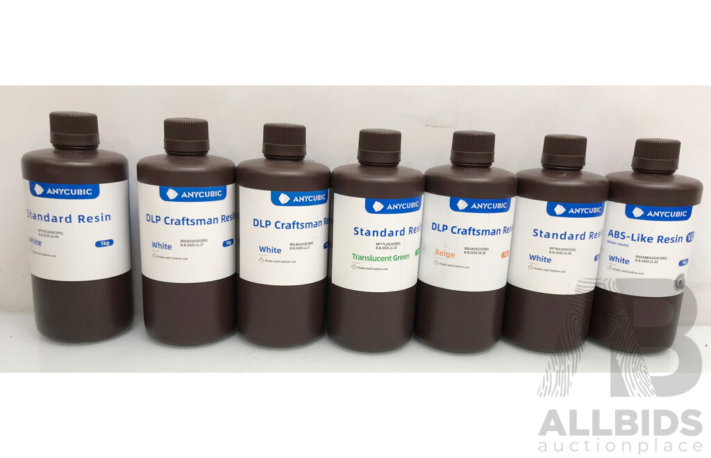 Anycubic Standard, ABS-Like, and DLP-Craftsman Resin for 3D Printer 1kg (White, Beige, and Green) - Lot of 7