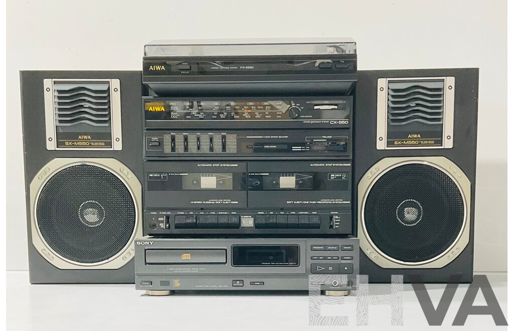 Component AIWA Stereo System Including PX-E5550 Stereo Turntable, 5 Band Graphic Equalizer Compact Disc Player and Pair of SX-M550 Two Way Bass Reflex Speakers