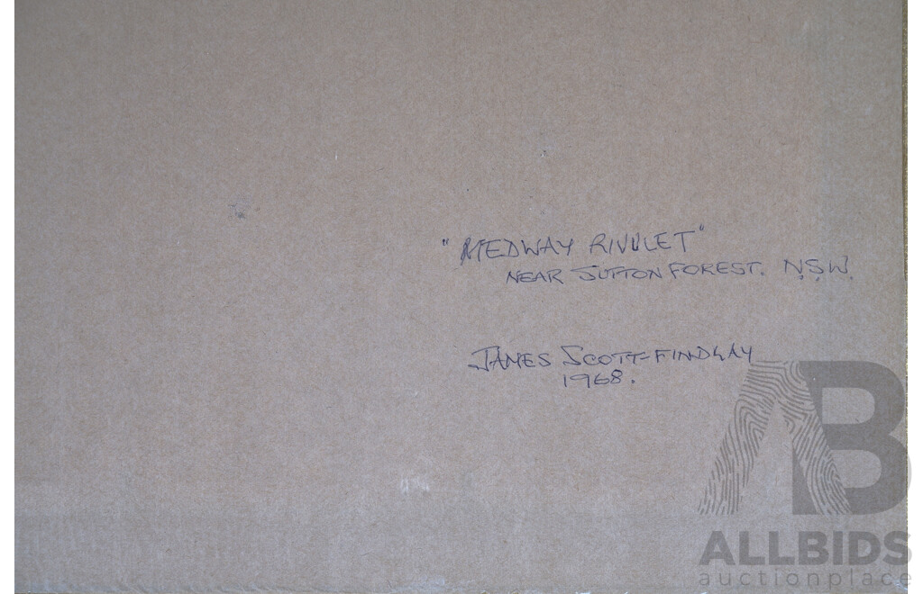 James Scott-Findlay, (Australian, 20th Century), Medway Rivulet, Near Sutton Forest, NSW (1968), Oil on Board, 41.5 x 49.5 cm (frame)