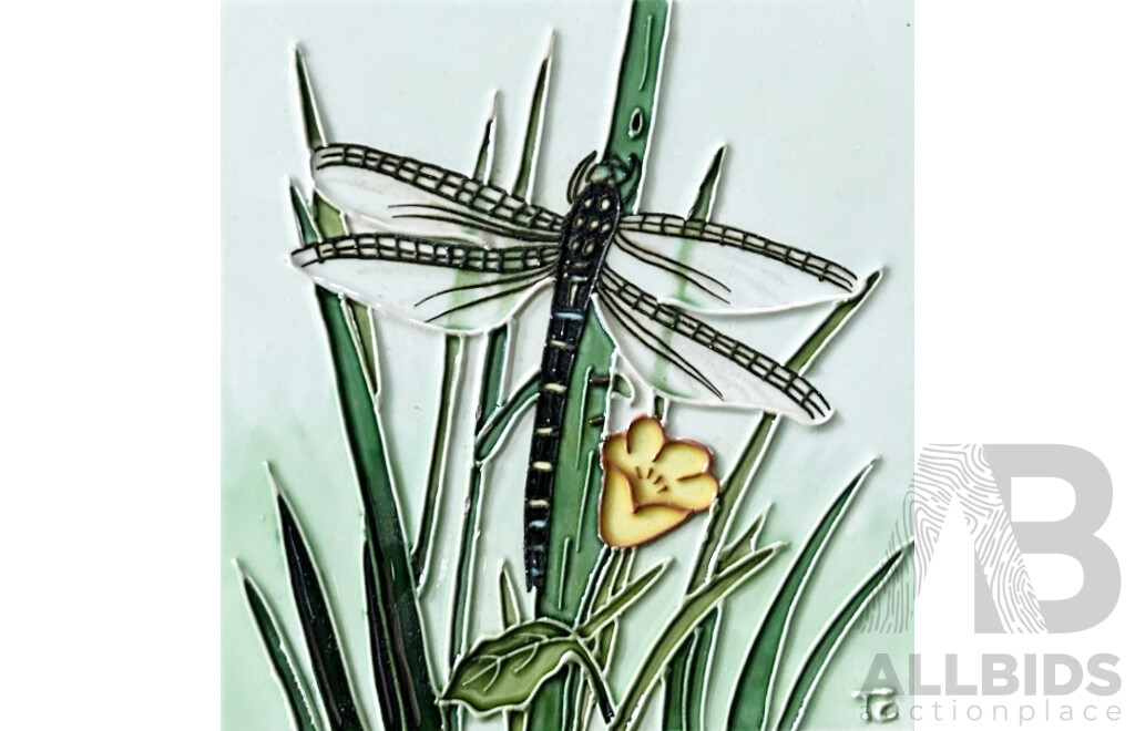 Tri Colour, Dragon Fly, Handmade and Handpainted Ceramic Tile, 15 x 15 cm (frame)