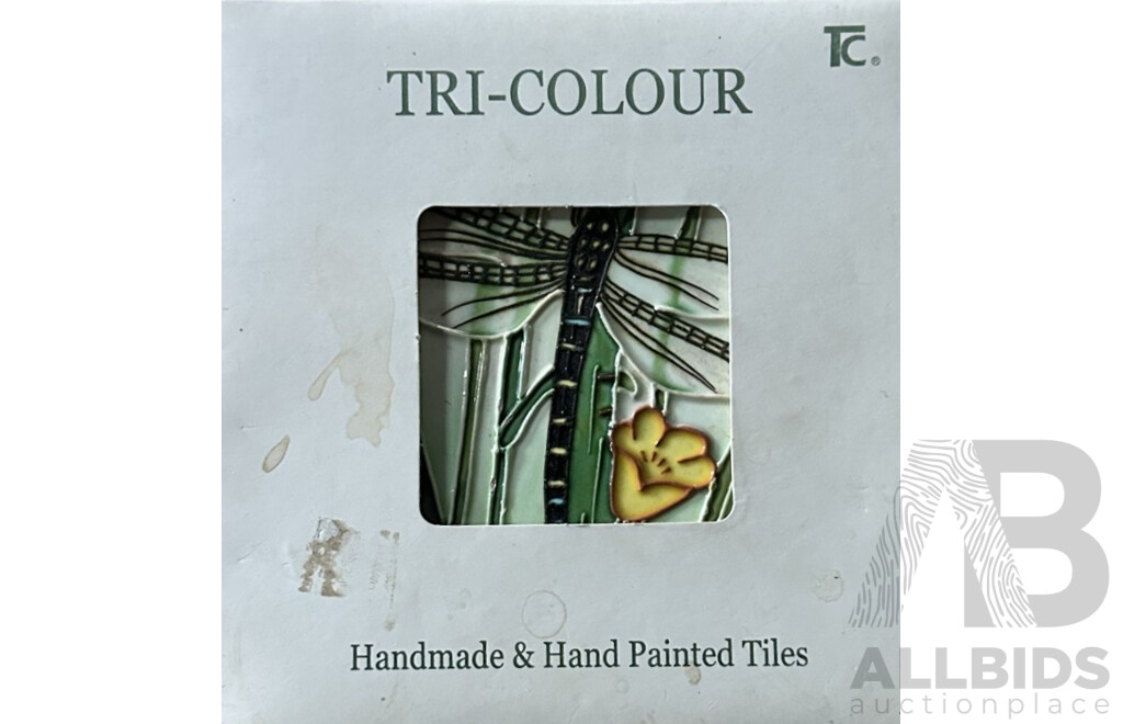 Tri Colour, Dragon Fly, Handmade and Handpainted Ceramic Tile, 15 x 15 cm (frame)