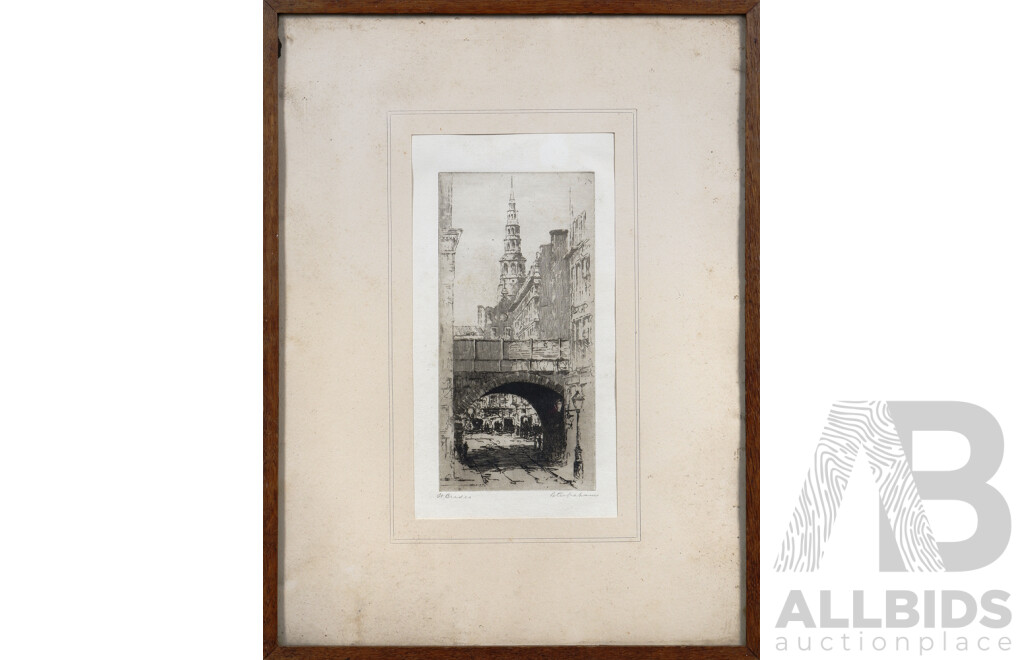 Peter Grahame, (Victorian Era, Scottish, 1836-1921), St. Brides, Fleet Street, (Early 1900s), Antique Victorian Etching, 41 x 31 cm (frame)