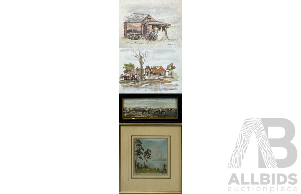 Collection of Vintage Art Works, Including Pair of B. McKelvey Homestead Ink & Watercolours, Unknown Fox Hunt Print & Boy with Sheep, Print on Cloth, 30 x 40 cm (largest) (4)