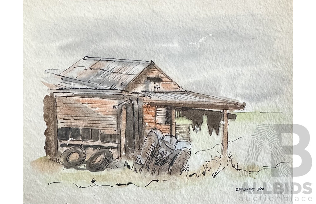 Collection of Vintage Art Works, Including Pair of B. McKelvey Homestead Ink & Watercolours, Unknown Fox Hunt Print & Boy with Sheep, Print on Cloth, 30 x 40 cm (largest) (4)