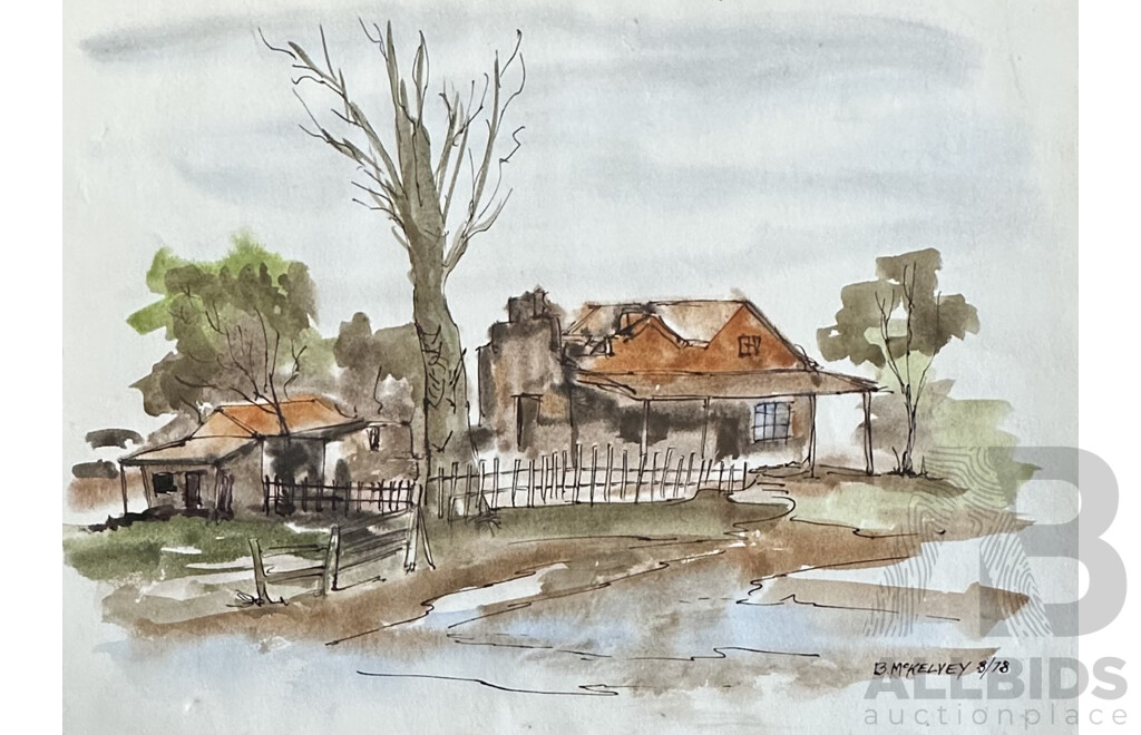 Collection of Vintage Art Works, Including Pair of B. McKelvey Homestead Ink & Watercolours, Unknown Fox Hunt Print & Boy with Sheep, Print on Cloth, 30 x 40 cm (largest) (4)