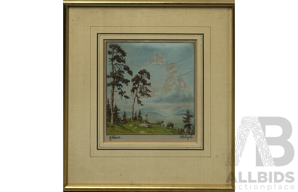 Collection of Vintage Art Works, Including Pair of B. McKelvey Homestead Ink & Watercolours, Unknown Fox Hunt Print & Boy with Sheep, Print on Cloth, 30 x 40 cm (largest) (4)