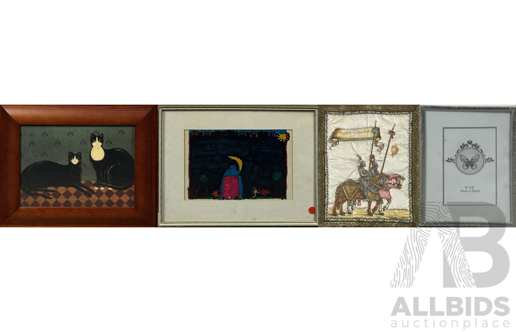 Collection of Art Works - Including Warren Kimble Folk Art Cat Print, Empty Frame, Bright Night by Sarah Gibson & Vintage Austrian Horse Hanging Cloth Panel, 34 x 42 cm (largest) (4)