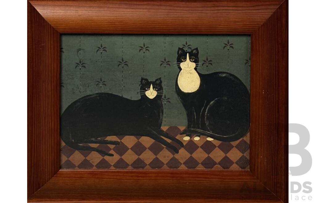Collection of Art Works - Including Warren Kimble Folk Art Cat Print, Empty Frame, Bright Night by Sarah Gibson & Vintage Austrian Horse Hanging Cloth Panel, 34 x 42 cm (largest) (4)