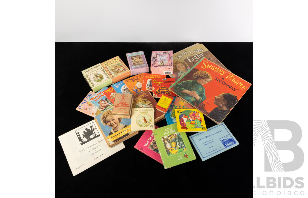 Collection Childrens Books Including Miniature Series, Three Vintage Shirley Temple Examples, Peter Pan Card Game in Original Box and More