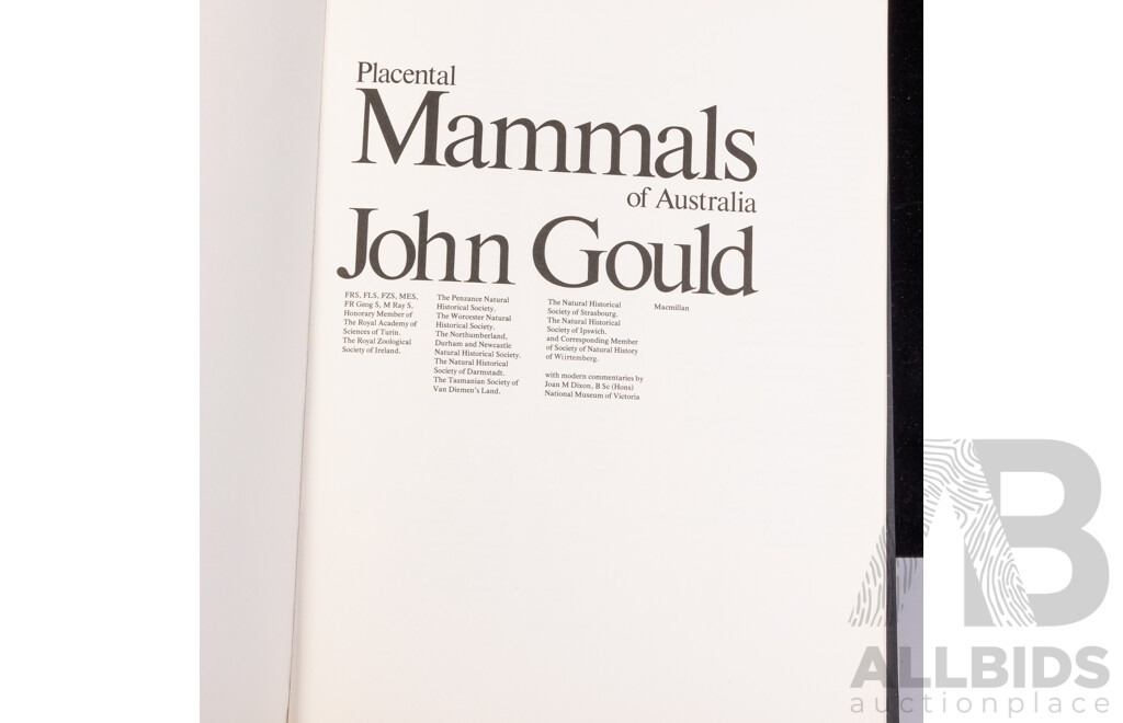 Collection Four John Gould Volumes Comprising Placental Mammals, Australian Marsupials and Monotremes, Kangaroos, Goulds Australia, All Hardcovers in Slip Cases