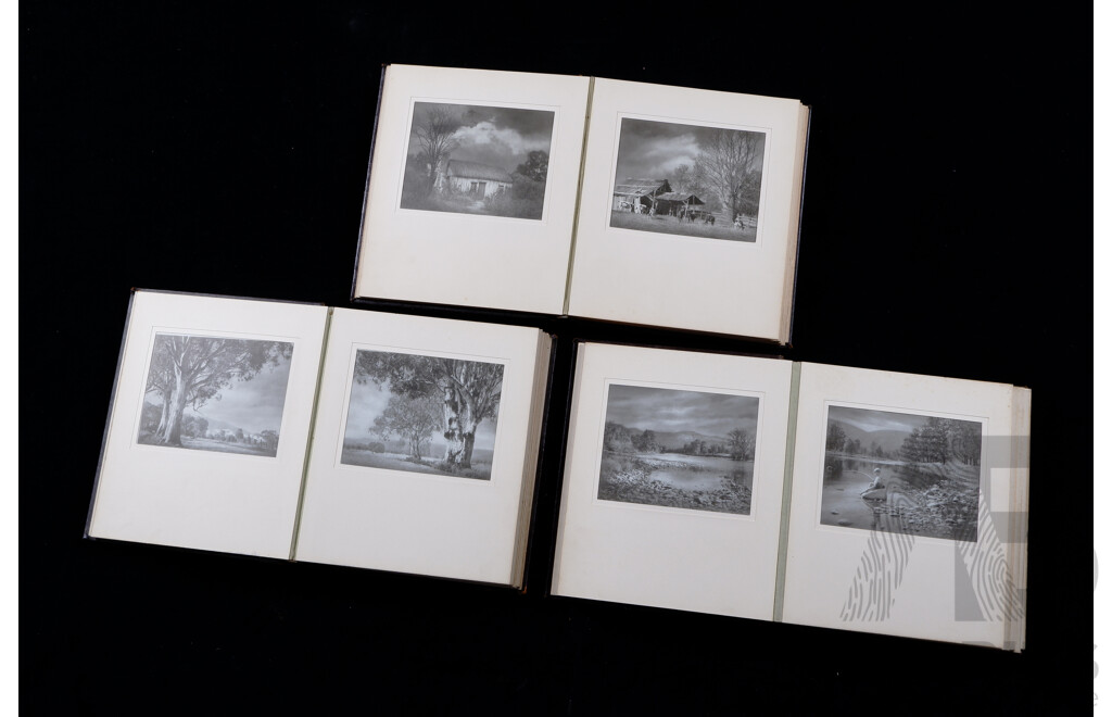 W.F. (Frank) Moore, (Australian, Active 1920-1950s), Collection of Three Vintage Leather Bound Albums of Bromoil Photographs Featuring Landscapes, Portraits & More, 31 x 26 cm (album dimensions) (3)