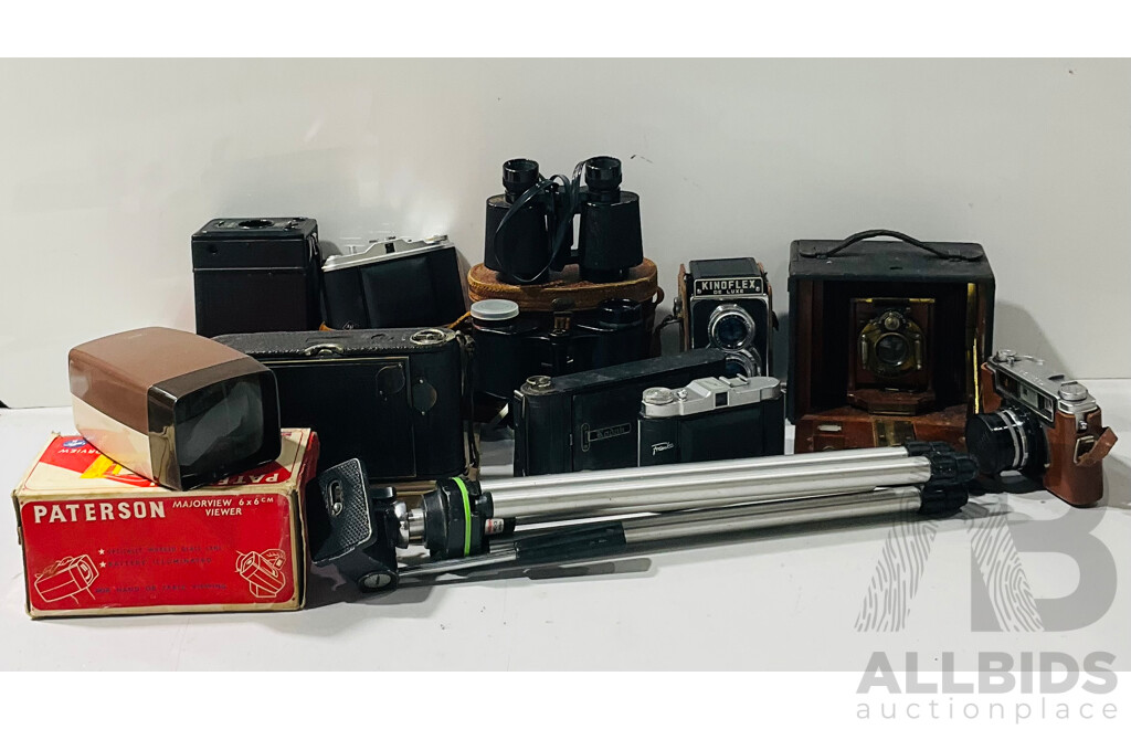 Large Collection of Vintage Camera and Camera Gear Including Kinoflex De Luxe, Paterson Majorview 6x6cm Viewer and Much More