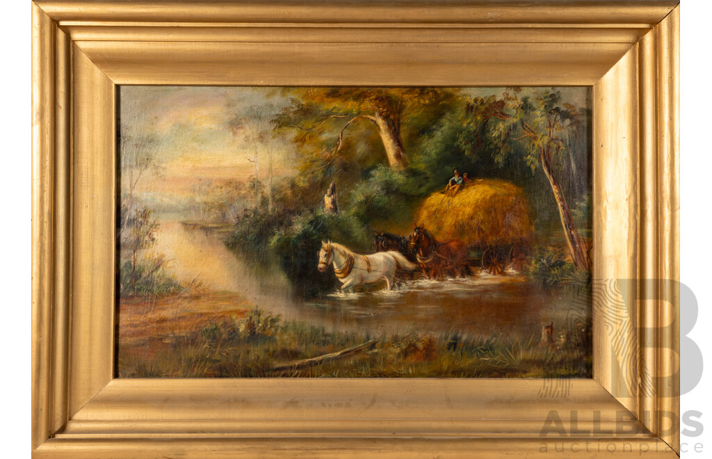 Artist Unknown, (19th Century), Children Heading Home with Hay, Antique Oil on Canvas Cloth, 80 x 113 cm (frame)