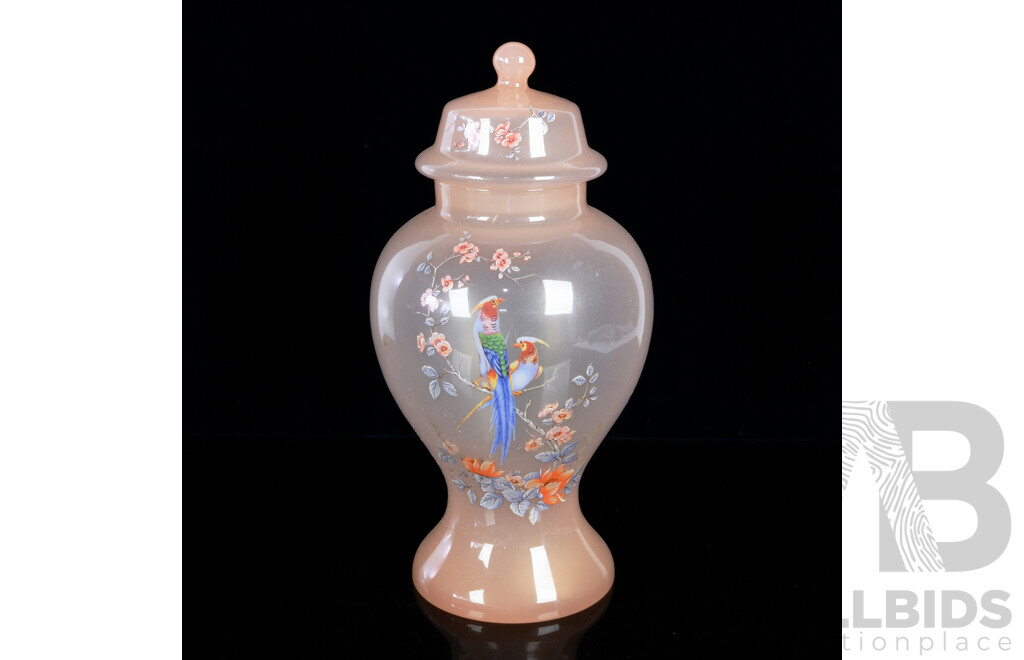 Large Pink Glass Lidded Bathroom Jar with Avian Motif