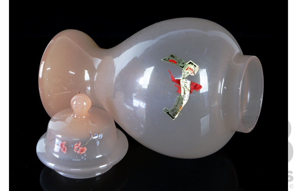 Large Pink Glass Lidded Bathroom Jar with Avian Motif