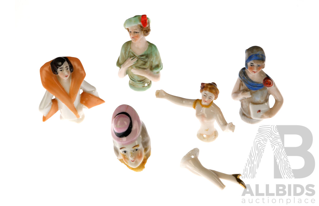 Collection Four German Porcelain Half Dolls, One Set Legs, One Head