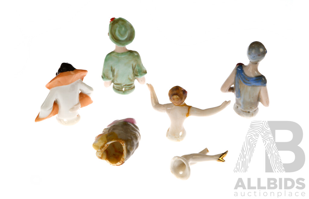 Collection Four German Porcelain Half Dolls, One Set Legs, One Head