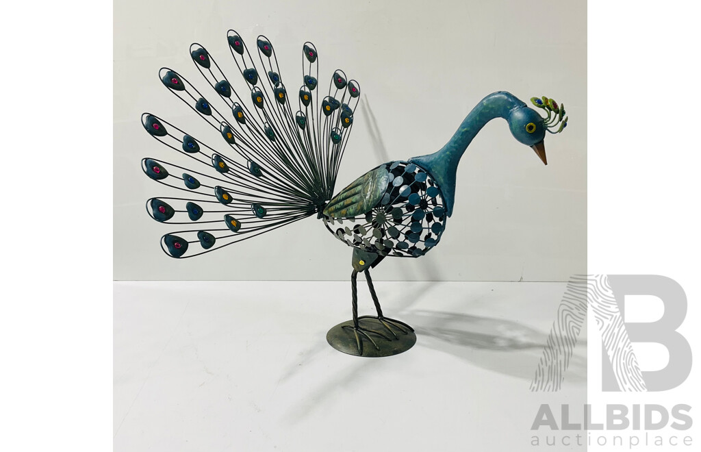 Painted Metal Peacock Garden Statue with Glass Details