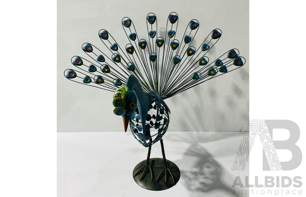 Painted Metal Peacock Garden Statue with Glass Details