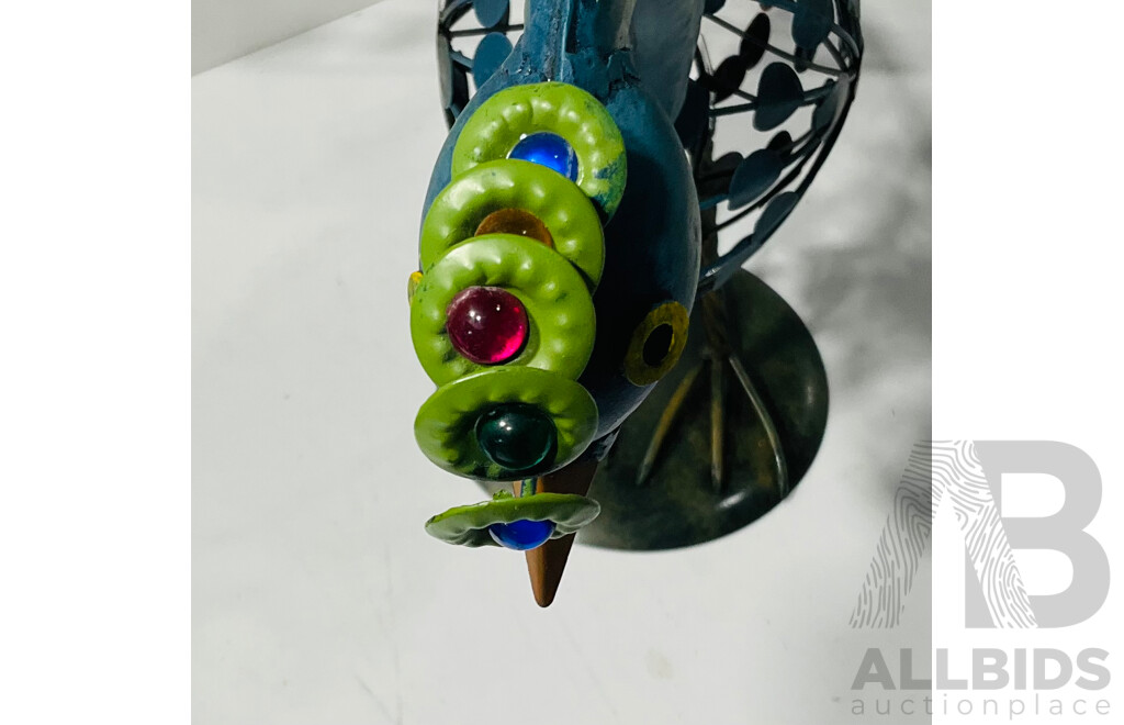 Painted Metal Peacock Garden Statue with Glass Details