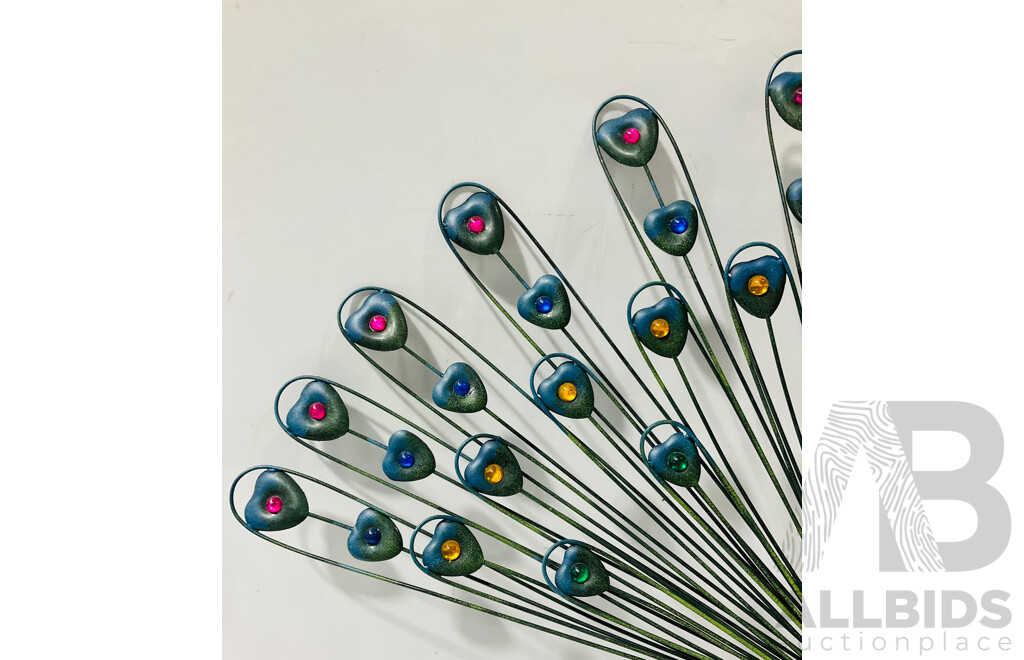 Painted Metal Peacock Garden Statue with Glass Details