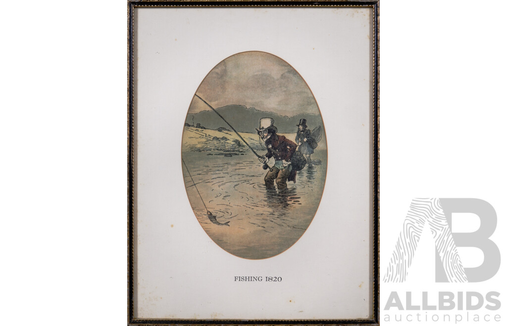 Tom Browne, (British, 1870-1910), Fishing 1820 (Johnny Walker Adevrtisement), Vintage Lithographic Reproduction Print, 45 x 34 cm (frame)