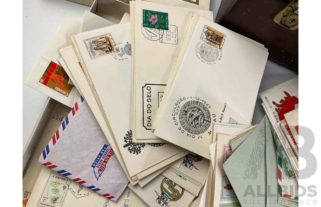 Collection of International Stamps and Covers Including Fist Day Covers, Australian 1980's, Hong Kong, Canada, Macau, Stamps, Germany, China Portugal, Timor, Brunei, USA Singapore and More