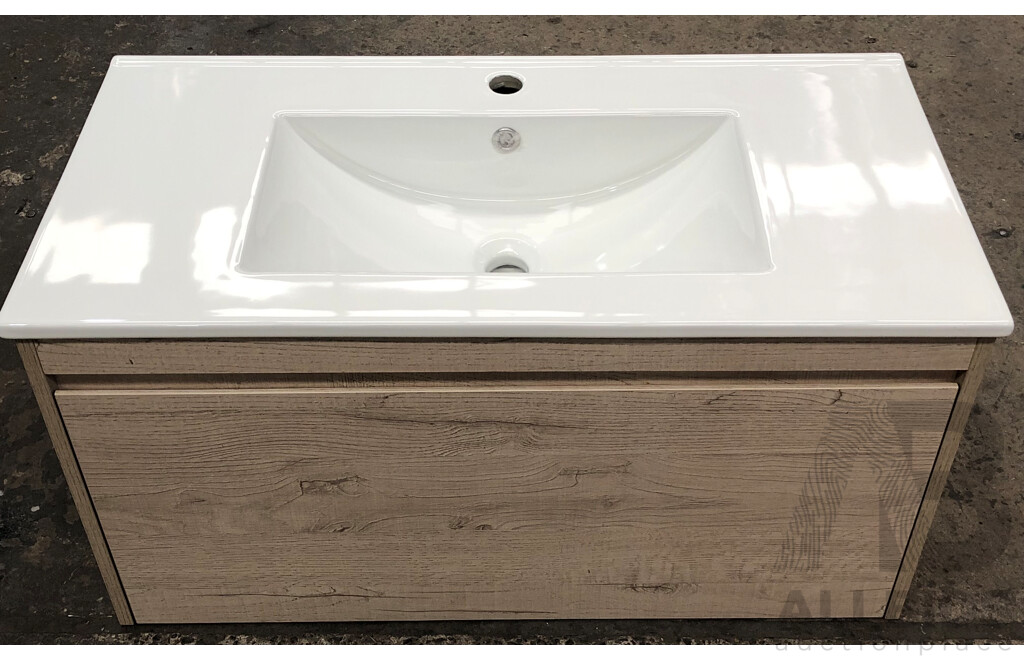 Forme Madrid 900mm Wall Hung Vanity(Light Ash) with Porcelain Basin Top(White) - Brand New - ORP $1400.00