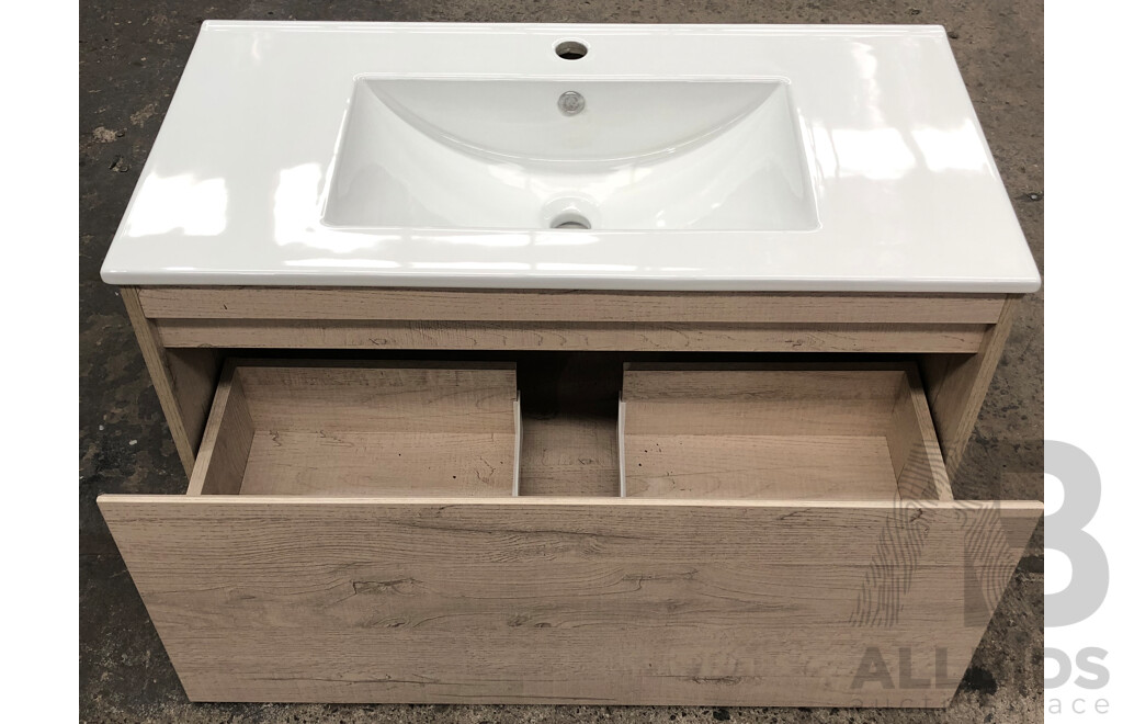 Forme Madrid 900mm Wall Hung Vanity(Light Ash) with Porcelain Basin Top(White) - Brand New - ORP $1400.00